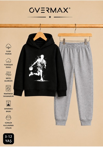 Overmax Top Süren Adam Baskılı Kapüşonlu Sweatshirt Eşofman Takımı- 3-12 Yaş Siyah Üst-gri Alt - 924897013 Siyah Üst-gri Alt