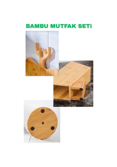 Kamptek %100 Doğal Bambu 3'lü Mutfak Seti - Kesme Tahtası, Bıçaklık Standı & Havlu Peçetelik Düzenleyici Ahşap Rengi