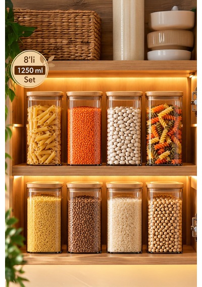 Porsima 6-4 Bambu Vakumlu Kapaklı Kare Borsilikat Cam 8li Kavanoz Seti Saklama Kabı 1250ml 9,5x15cm