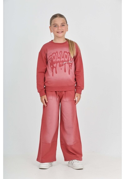 Toontoy Kids Toontoy Kız Çocuk 2'li Takım Eskitme Baskılı Bisiklet Yaka Sweatshirt & Beli Lastikli Cepli Bol Paça Eşofman Altı - 2 İplik Kiremit