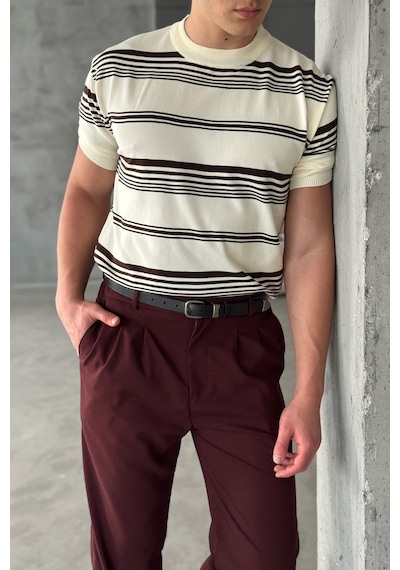 Erkek Bisiklet Yaka Oversize Çizgili Triko T-shirt Ekru