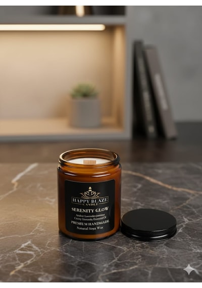 1. Serenity Glow Amber & Lavanta Kokulu El Yapımı Soya Mumu Happy Blaze Candle Amber