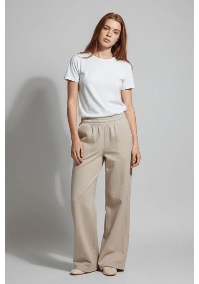 Dokuma Bej Geniş Paça Beli Lastikli Basic Uzun Kadın Pantolon Sh191 S