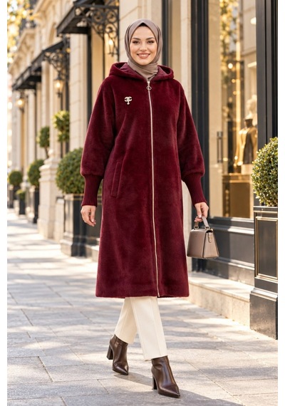 Hb Harma Time Butik Kadın Fermuarlı Kapüşonlu Angora Bordo Kürk Kaban