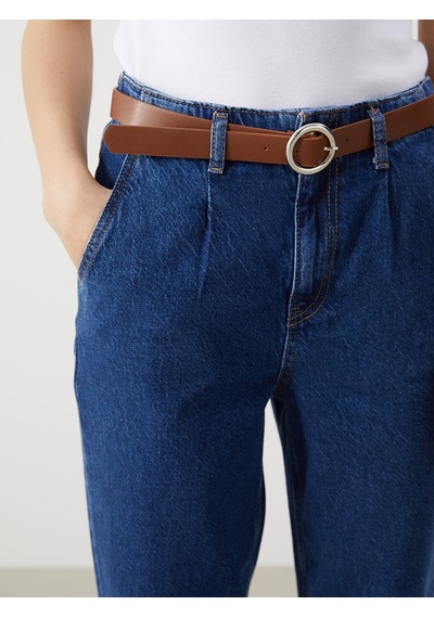 Lcw Jeans İndigo Beli Kemerli Mom Fit Kadın Jean Pantolon