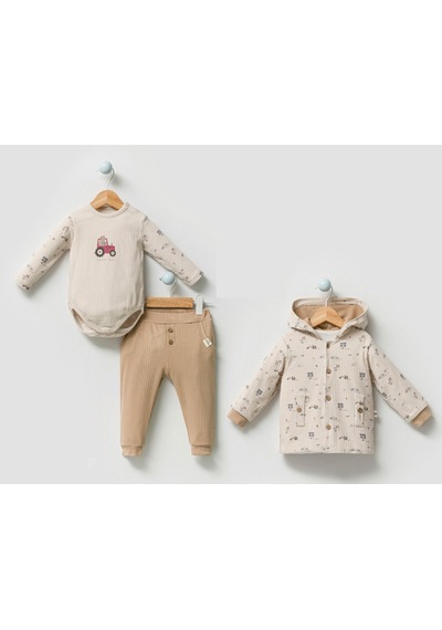 By Bubbles Çiftçi Temalı Bebek Body'li Hırkalı 3'lü Takım Bej