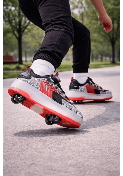 Muggo Flow Çocuk Işıklı Patenli Tekerlekli Sneaker Spor Ayakkabı Siyah - Kırmızı