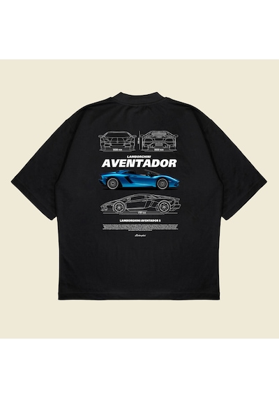 Startmore Lamborghini Aventador Baskılı Oversize Unisex Pamuklu Nefes Alan Kalın Kumaşlı Siyah