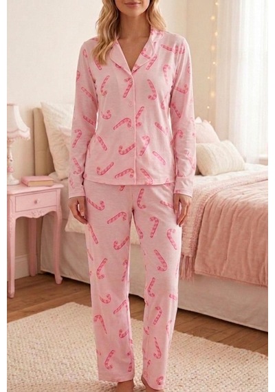 Baston Şeker Desenli Uzun Kollu Pijama Takımı 4601 -pembe