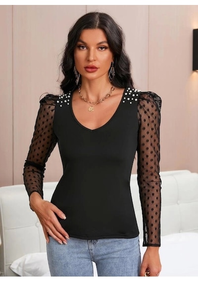 Defymoda Kadın Uzun Kollu Omuz Inci Kollar Tül Detay Viskon Bluz Siyah
