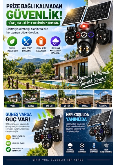 20mp 4 Lensli Solar Güvenlik Kamerası 16x Dijital Zoom Çift Solar Panel Full Hd Gece Görüş Siren Hieasy