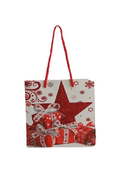 Yılbaşı Karton Çanta Simli Kırmızı Yıldızlı Paketli 15 X15