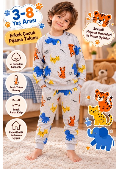 Üç Gül Ticaret Erkek Çocuk 3-8 Yaş Sevimli Hayvan Desenli Pijama Takımı İçi Pamuklu Şardonlu Gri Üç Gül Ticaret Erkek Çocuk 3-8 Yaş Sevimli Hayvan Desenli Pijama Takımı İçi Pamuklu Şardonlu Gri