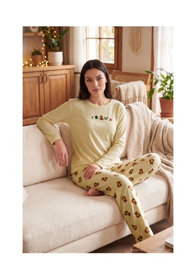 Lela Desenli Yumuşak Dokulu Uzun Kollu Pijama Takımı Kadın Pijama Takımı 6575016 Sarı sari