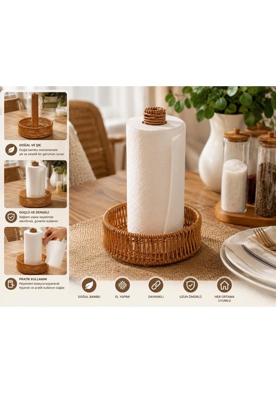 Lexroo Doğal Rattan Kağıt Havluluk Masaüstü Havlu Standı Dekoratif Havluluk Çok Renkli