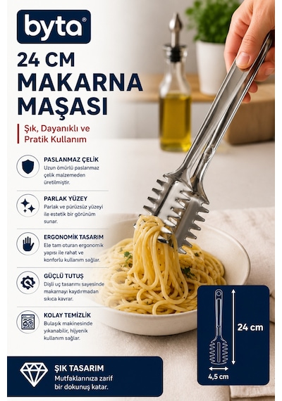 24 Cm Paslanmaz Çelik Makarna Servis Maşası Ergonomik Tutuşlu Lüks Mutfak Maşası Gri