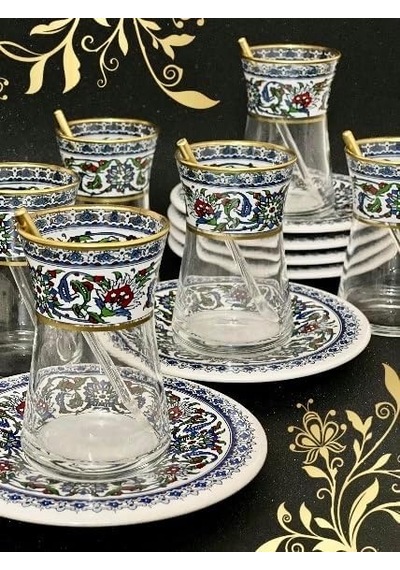 Heybeli Altın Bitkisel Çini Model 6 Kişilk Çay Seti Çok Renkli