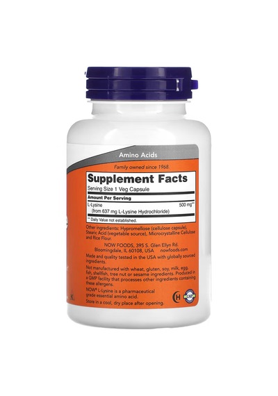 Now Foods L-lysine Lizin 500 Mg 100 Veg Caps Aromasız