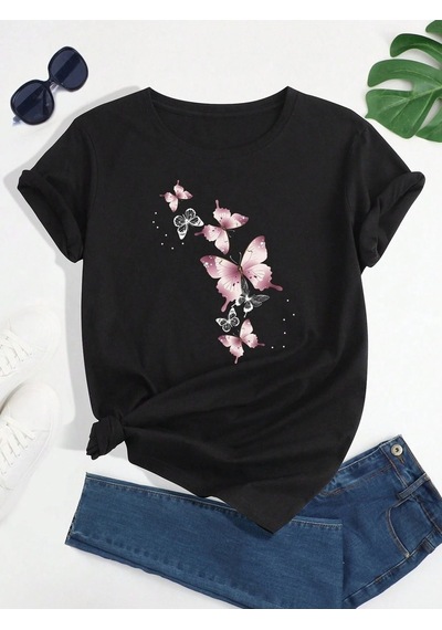 Flood Of Style Kadın Siyah Uçuşan Kelebekler Baskılı Oversize T-shirt