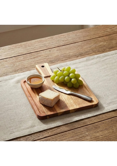 Doğal Akasya Ahşap Kare Sunum Tahtası Ve Servis Tepsisi 28.5x21 Cm Özel Motif Desenli Ve Kulplu Peynir Tabağı, Kenarlı Kahve Sunumluk Çok Renkli