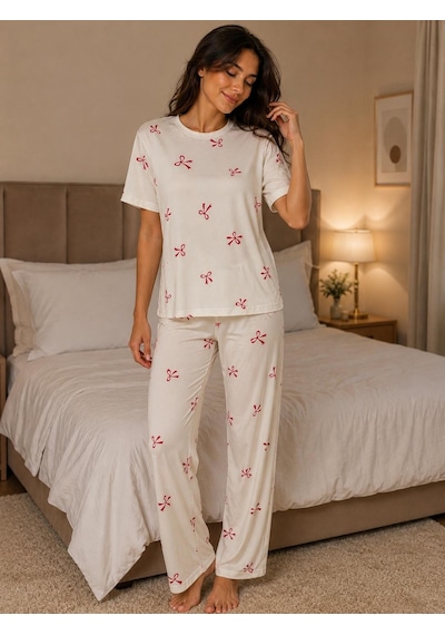 Esra Butik78 Kadın Milan Kumaş Kısa Kollu Pijama Takımı Beyaz/krem Desenli