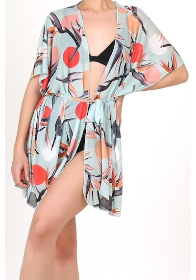 Pareo Plaj Elbisesi Kimono Std Yazlık Oversize Tül Gömlek Kemerli Elbise Sunset Mint