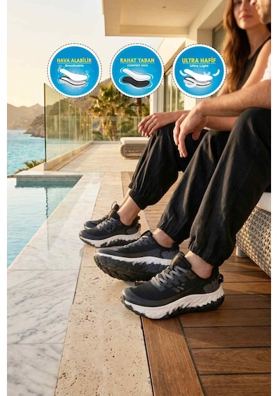 Walkway Siyah Beyaz Fileli Hafif Esnek Hafızalı Taban Unisex Spor Ayakkabı Flystep G Siyah - Beyaz
