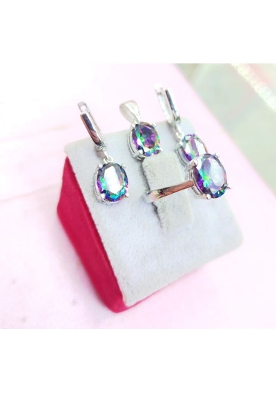 Oriental Kuyumculuk Jewellery Mistik Topaz Taşlı Oval Kolye Küpe Yüzük Gümüş Set Takım Gümüş