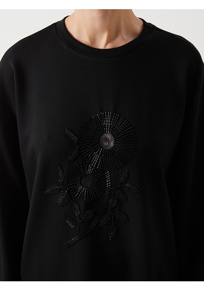 Lcwaıkıkı Classic Siyah Bisiklet Yaka Boncuk İşlemeli Kadın Sweatshirt Tunik