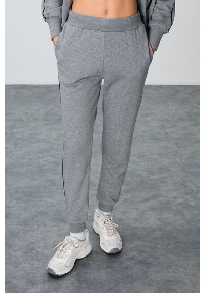 Tommy Life Gri Melanj Kompakt Pamuklu Kalın Pürüzsüz Dokulu Dik Yaka Oversize Fit Kadın Eşofman Takım - 95340 GRİ MELANJ