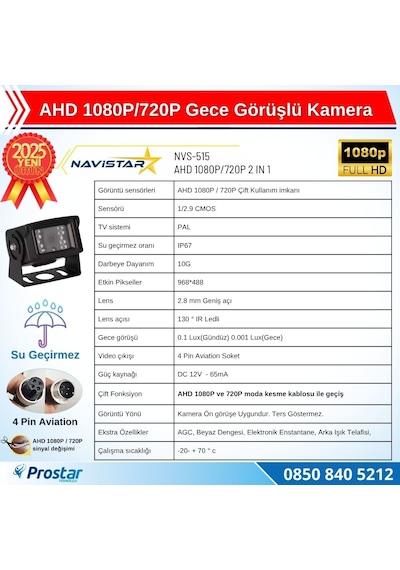 Ahd 1080p/720p Büyük Gece Görüşlü 4 Pin Soketli Kamyon Tır Otobüs Kamerası