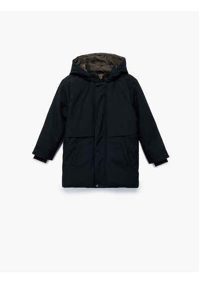 Koton Uzun Kollu Çıtçıt Detaylı Cepli Slim Fit Kapşonlu Mont Lacivert 6wkb00017tw Lacivert