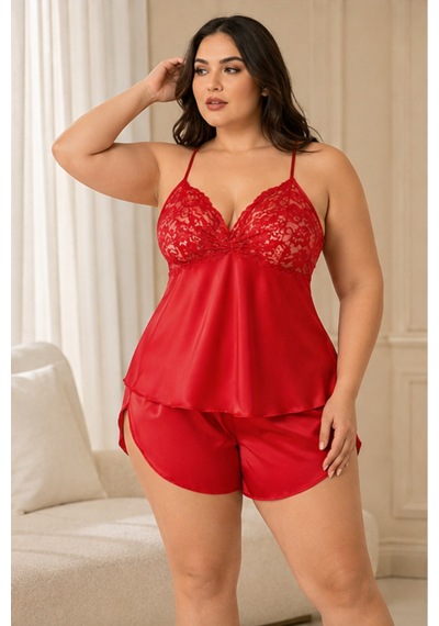 Loule Büyük Beden Kırmızı Çapraz Askılı Dantelli Şortlu Pijama