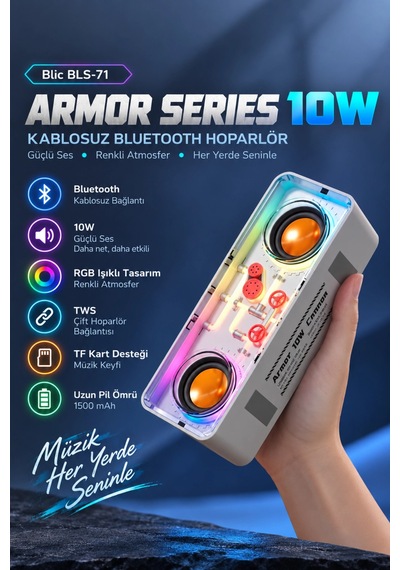Blic Bls-71 Beyaz Armor Series 10w Kablosuz Rgb Bluetooth Hoparlör Tws Tf Kart Desteği