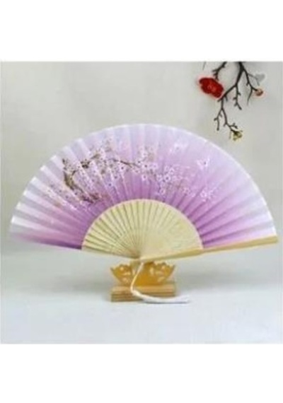 Beluga Yelpaze Bambu Vintage Lila Kelebekli Bahar Dalı Desenli Şık Püsküllü Japon Yelpaze 0167