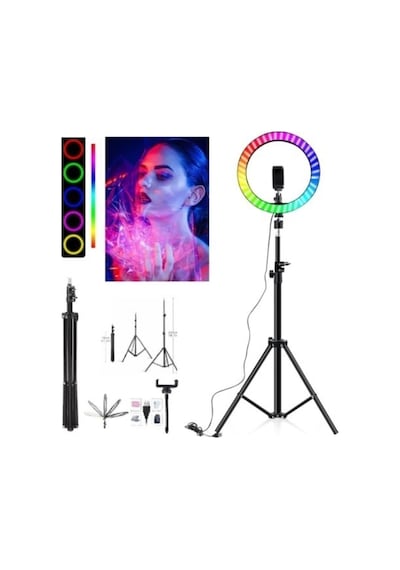 Rgb Ring Light Youtuber Tiktok Çekim Telefon Tutucu Renkli Makyaj Işığı 10 Inç +2. Mt Tripod