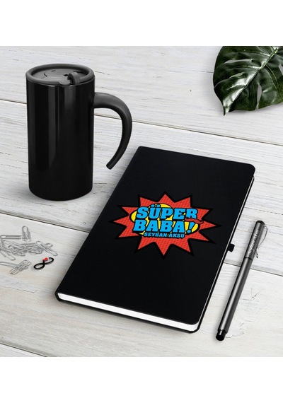 Kişiye Özel Süper Baba Siyah Defter Kalem Termos Mug Seti-2 Siyah