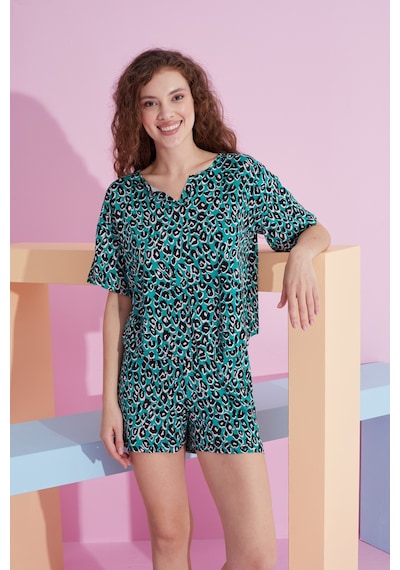 Siyah İnci Likralı Örme T-shirt-şort Pijama Takım 7809 Yeşil