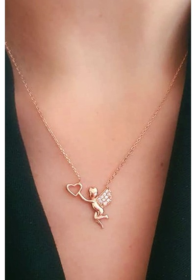 Aşk Meleği Figürlü Gümüş Rose Kolye