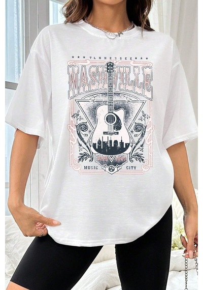 Uyguntarz Unisex Music City Baskılı Oversize Tshirt Beyaz