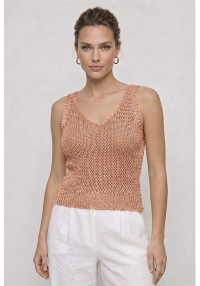Neden Tekstil Twist Knot Detaylı Premium Kadın Triko Bluz V Yaka Örgü Dokulu Şık Crop Tasarım - Somon