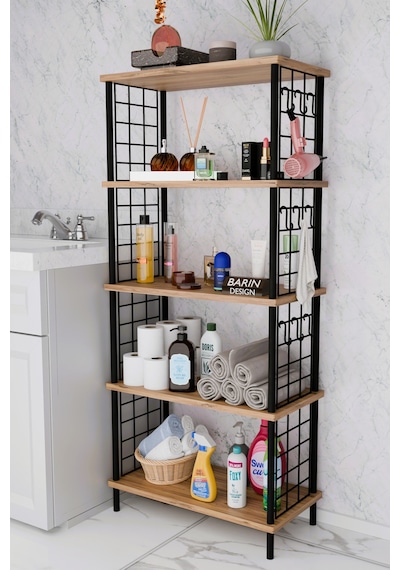 5 Raflı Çevir-kur Raf Ünitesi Telli Metal Gövdeli Organizer Banyo, Mutfak, Balkon, Antre Uyumlu Atlantik Çam