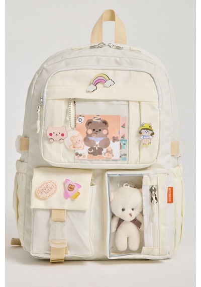 Kawaii Kore Tarzı Aksesuarlı 3'lü Set Çocuk İlkokul Çantası Kalemlikli Beslenme Çantalı Sırt Çantası Krem