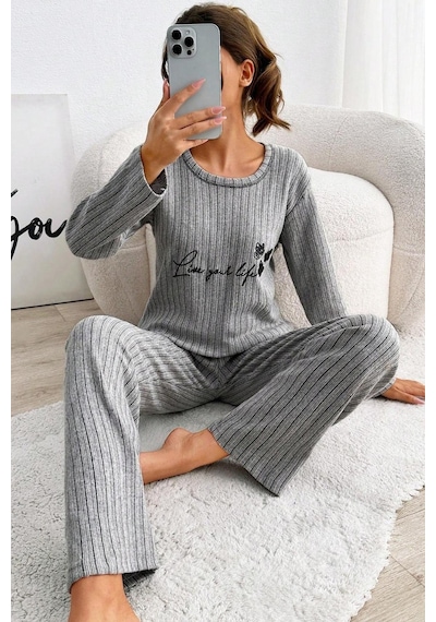 Zhlbutik Genç Baskılı İ Nterlok Pijama Takımı Açık Gri