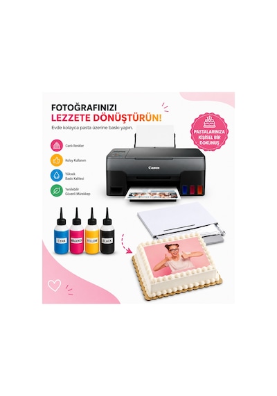 Canon Pıxma G3410 Resimli Pasta Yazıcısı Gıda Mürekkepli, Wi-fi, Tarayıcı, Fotokopi + Bitmeyen Kartuş Sistemi