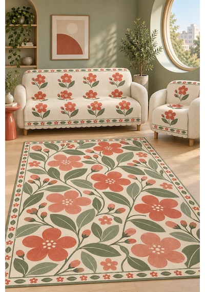 3 Lü Set 2 Adet 165x215 Cm Koltuk Örtüsü + 1 Adet 6m2 180x280 Cm Kaymaz Taban Dijital Baskılı Halı Kırmızı