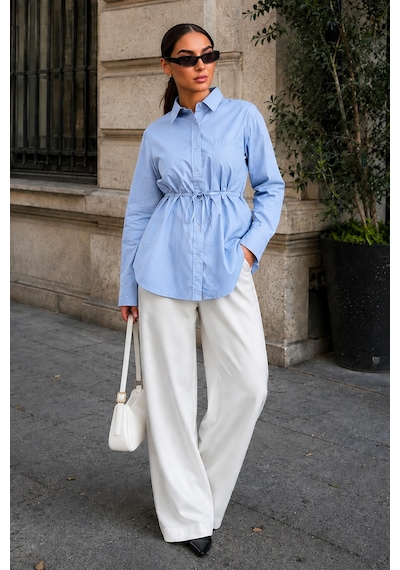 Madmext Mavi Belden Bağlamalı Oversize Cepli Gömlek Mg2798