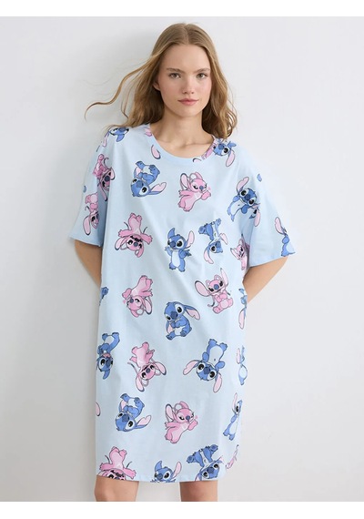 Lc Waikiki Mavi Bisiklet Yaka Stitch Ve Angel Baskılı Kadın Gecelik