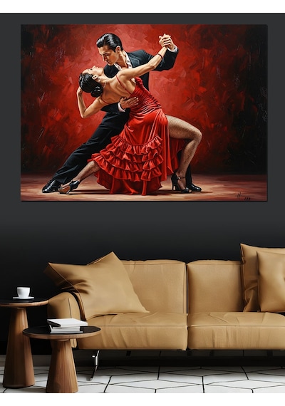 Kırmızı Ve Aşk Temalı Tango Yapan Tutkulu Çift Dekoratif Kanvas - Mdf Ahşap Tablo