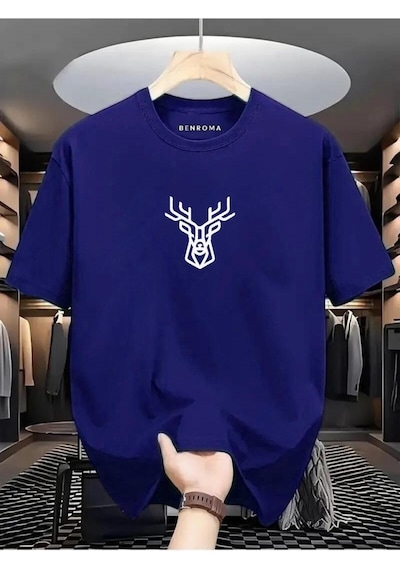 Geyik Baskılı Oversize Tişört Saks Mavisi
